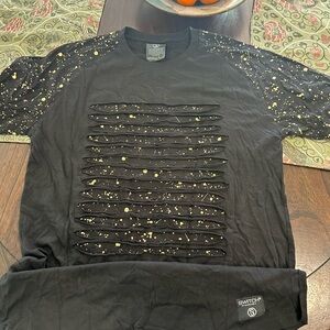 Switchback Black Short Sleeve Distressed Tee with Gold Splatter